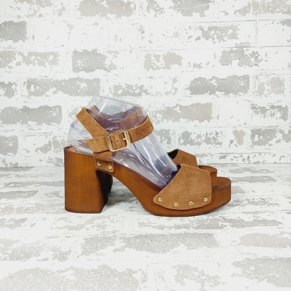 NEW Steve Madden Alabama Platform Brown Suede Wooden Studded Sandals F66 - Picture 6 of 11